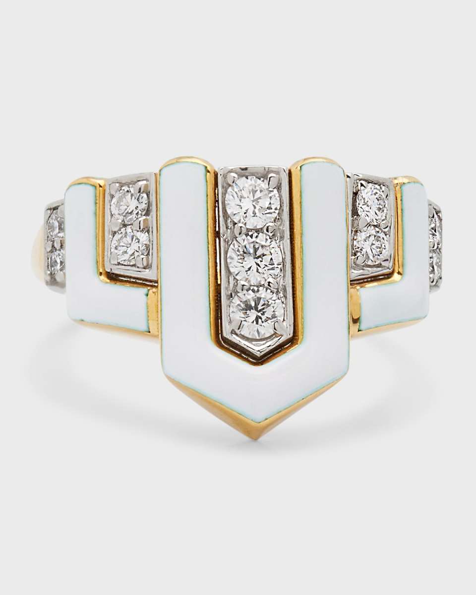 Geometric White Enamel & Diamond Ring, Size 6.25